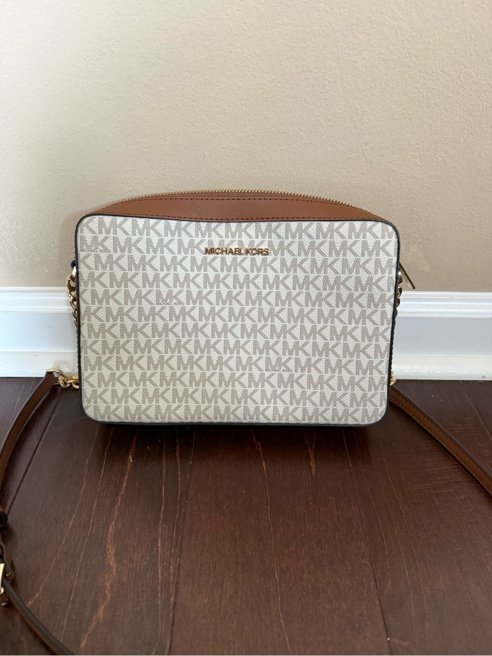 Michael Kors Cream and Brown MK Logo Crossbody